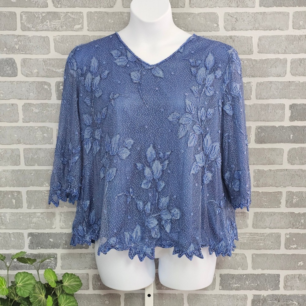 Vintage Fashion Bug Beaded Top Womens 22 Floral Blouse Blue Y2K 90's Eveningwear